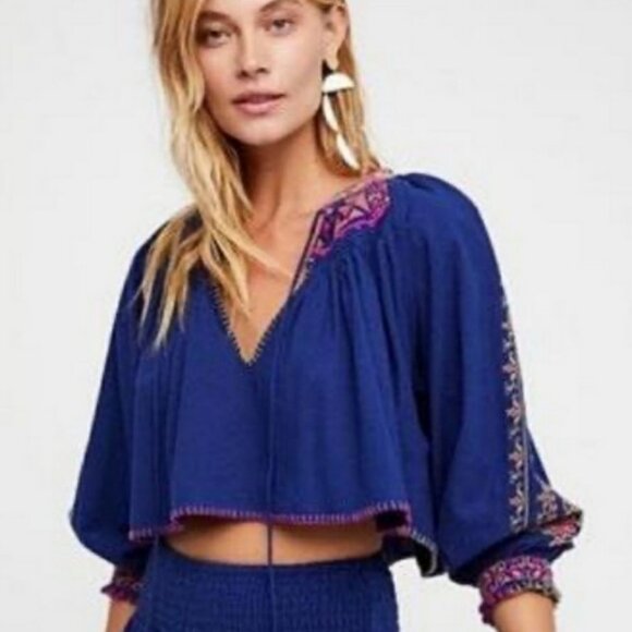 Free People Cherry Bomb Navy Blue Embroidered Boho Cropped Top SIZE SMALL - Picture 8 of 8